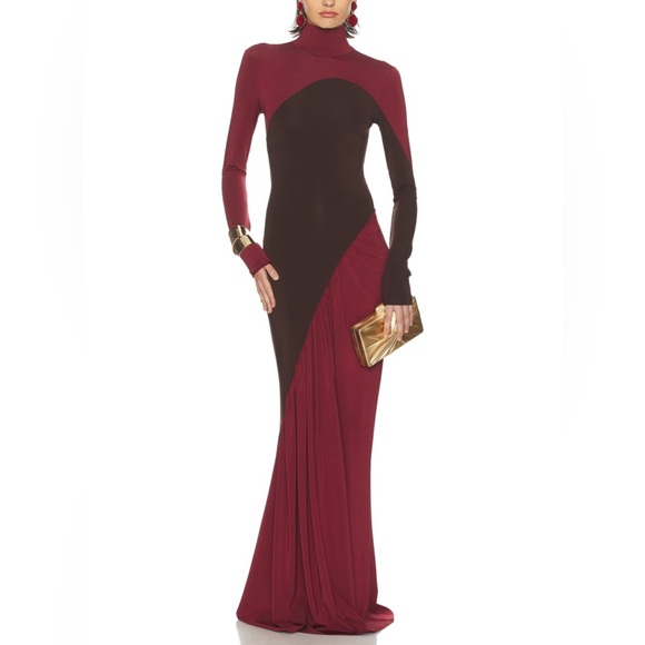Helsa Dresses & Skirts - The Abstraction Colorblocked Long-Sleeve Jersey Gown in Coffee Bean and Currant